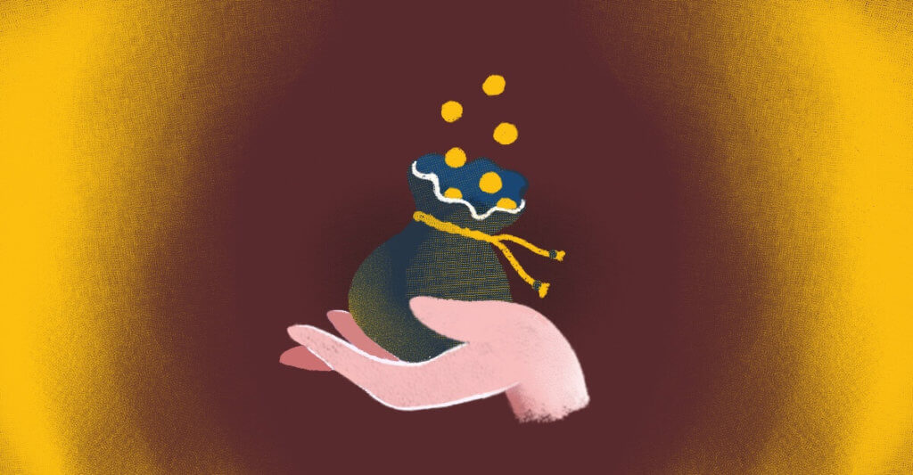 Illustration of a hand holding a bag of money